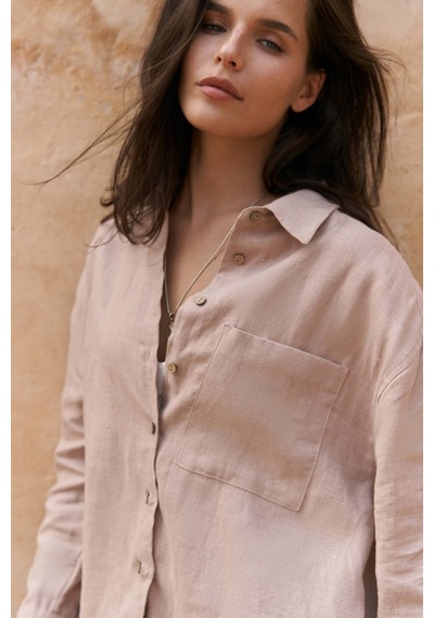Mai Collection Mai Studios Co. Gaelil Oversize Vizon Keten Gömlek Şort Takım Vizon