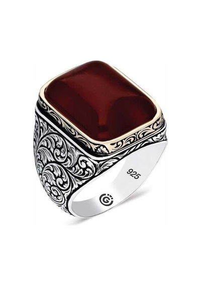 Gümüş Zirkon Koyu Bordo Taşlı Kare Erkek Yüzük - 555895100