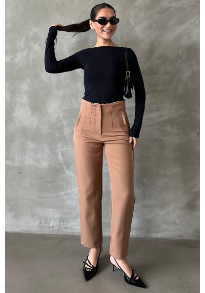 Dokuma Camel Yüksek Bel Kadın Kumaş Pantolon Sh192 S