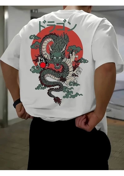Erkek Tişört Penye Compack Ejder Baskılı Bisiklet Yaka T-shirt - Beyaz
