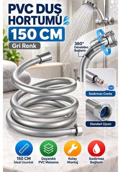 150 Cm Gri Pvc Duş Hortumu Esnek Banyo Duş Başlığı Hortumu Metal Bağlantılı Pratik Kullanım Tek Adet