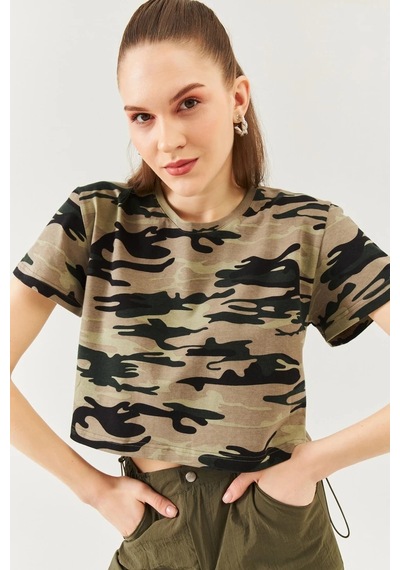 Kadın Oversize Rahat %100 Pamuklu Penye Bisiklet Yaka Kısa Kol Basic Crop T-shirt Kamuflaj