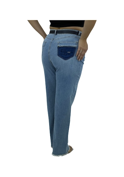 Büyük Beden Denim Kemerli Yüksek Bel Toparlayıcı Bol Paça Kadın Pantolon Mavi