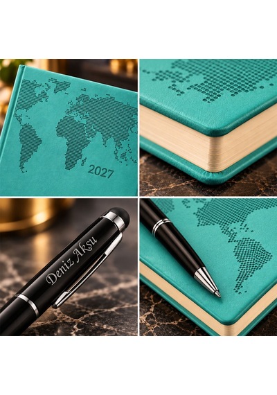 Bk Gift Kişiye Özel 378 Termo Deri Tarihli Ajanda & Siyah Touch Pen Tükenmez Kalem-12 Turkuaz