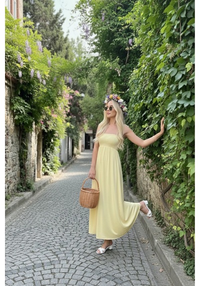 Pastelastore Sarı Uzun Pamuklu Astarsız Yaz Elbisesi Askılı Sarı