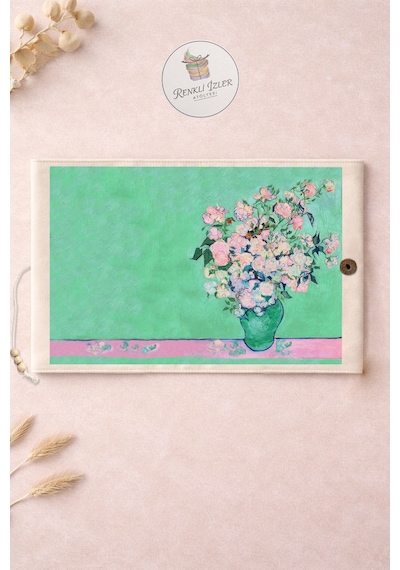 Kitap Kılıfı Ve Metal Kitap Ayracı Seti Van Gogh Pembe Güllü Vazo