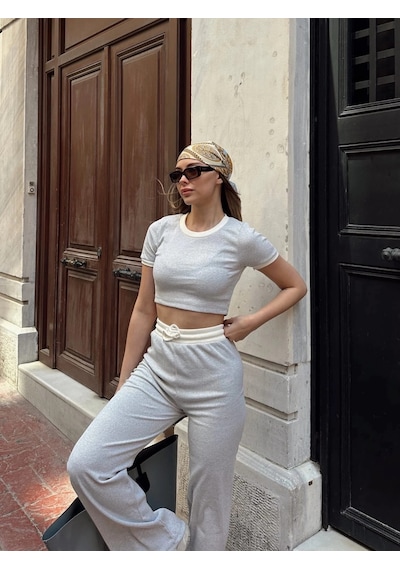 By Mop Crop Pantolon Biyeli Takım Gri Gri