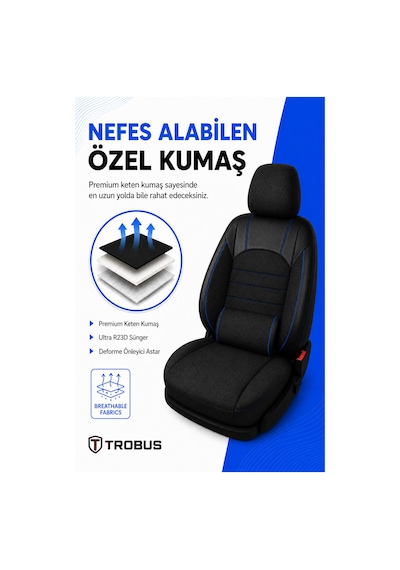 Levante Serisi Bel Destekli Keten Füme Mavi Üniversal Koltuk Kılıfı Tam Set