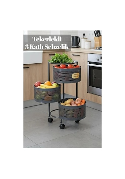 River World Tekerlekli Rengi Antrasit Açılabilen 3 Katlı Çok Amaçlı Metal Raf Mutfak, Balkon, Kiler Çok Renkli