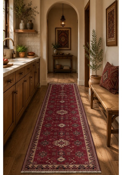 Salon Halısı Bordo Türkmen Desenli Kaymaz Taban Th-3029 Bordo - Lacivert - Krem