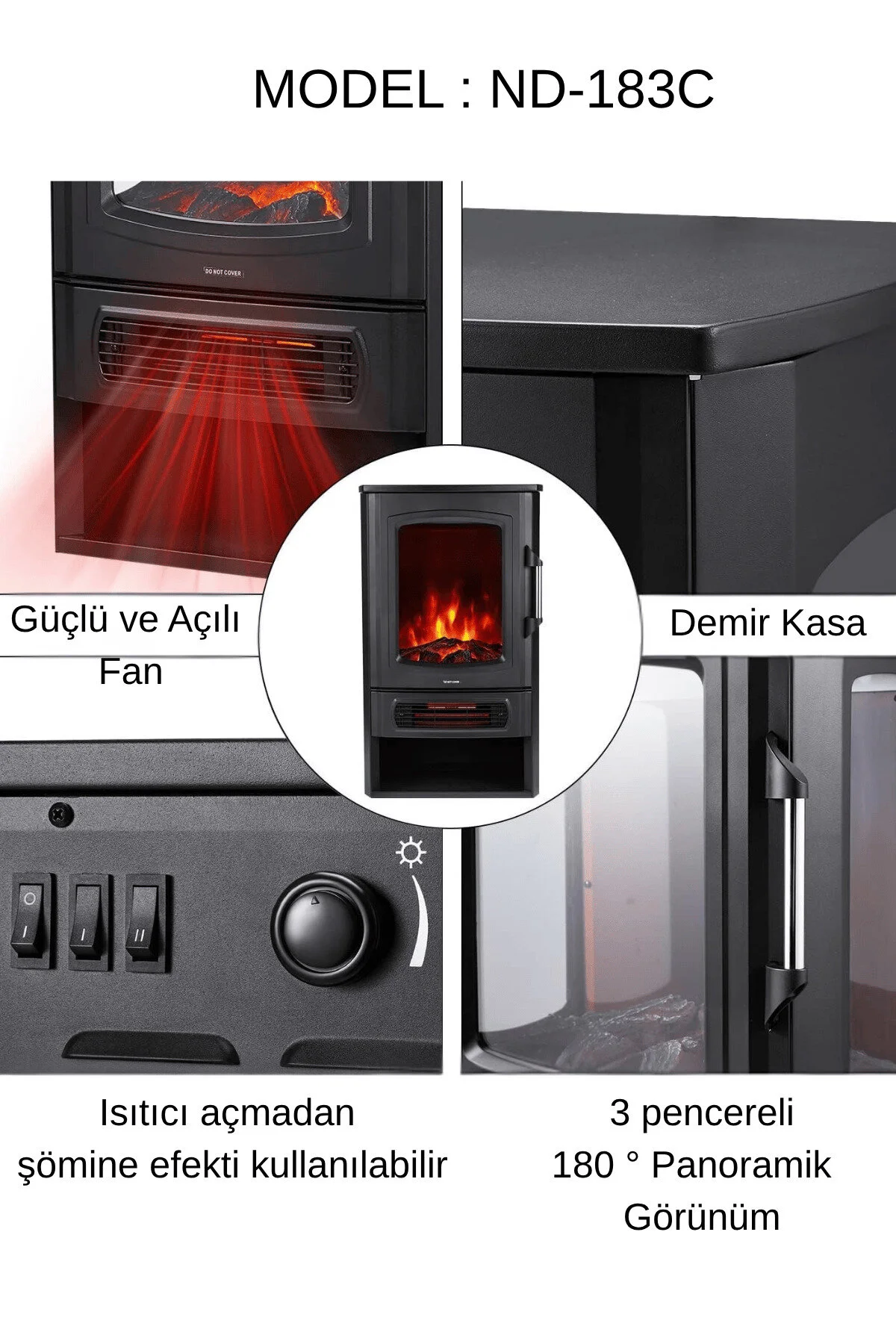 Xlarge Elektrikli Şömine & Elektrikli Soba Fanlı Isıtıcı, Led Odun Efekti, Metal Kasa Nd-183c