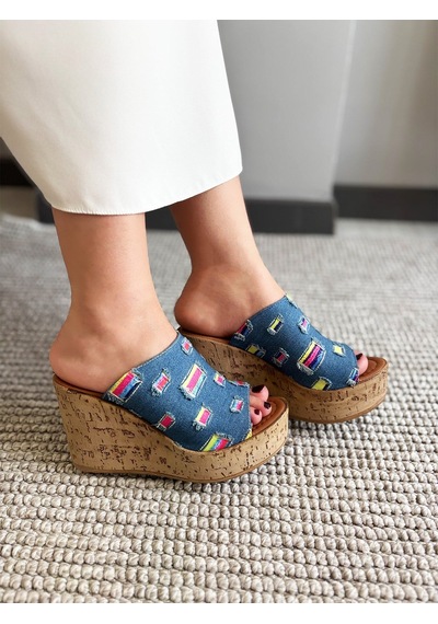 Asmi Shoes Kadın Limo Mavi Kot Dolgulu Mantar Taban Terlik 10 Cm Mavi