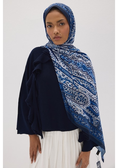 Mirsoy Scarf Almira Pamuk Etnik Desen Şal İndigo