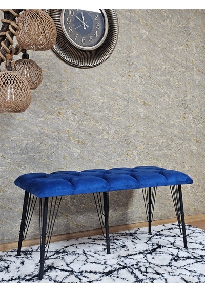 Zafir Metal Siyah Tel Ayaklı 100 Cm Puf Bench - Puf - Bench - Oturak - Mutfak Oturağı - Antre Oturağı Mavi