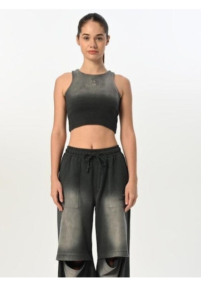 Kız Çocuk Pamuklu Sıfır Kol Crop Bluz-15518 Füme
