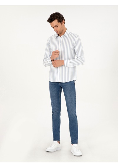 Cacharel Mavi Slim Fit %100 Pamuk Çizgili Gömlek