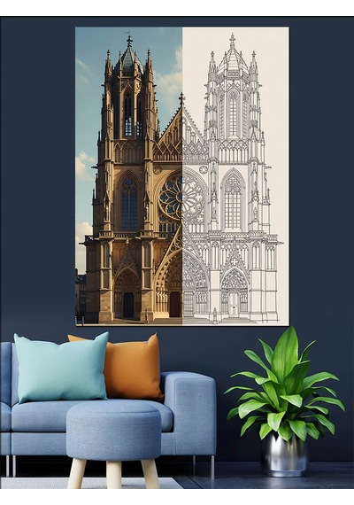 Ahşap Tablo Gotik Katedral Eskiz Çizimi
