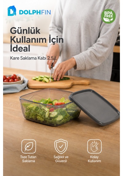 Kare Saklama Kabı 2,5 Litre 21x21x8,5 Cm Füme Şeffaf Siyah Kapaklı Bpa İçermez