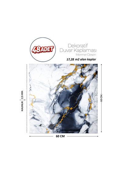 60x60 Cm Kendinden Yapışkanlı Duvar,banyo,tezgah Arası Mavi-siyah Mermer-48 Adet 1123-60-48
