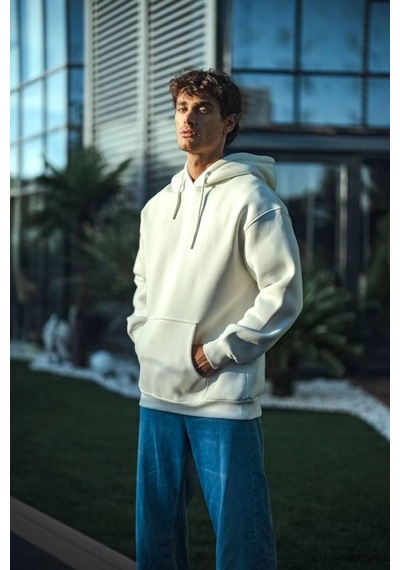 Mbb E-ticaret Erkek 3 İplik Pamuklu Kapüşonlu Basic Sweatshirt Hoodie - Beyaz