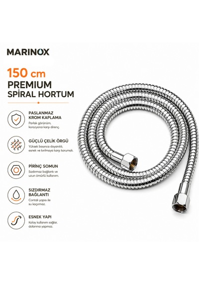 150 Cm Premium Spiral Duş Hortumu Paslanmaz Krom Kaplama Çelik Örgülü Pirinç Somunlu 1/2'' Bağlantı