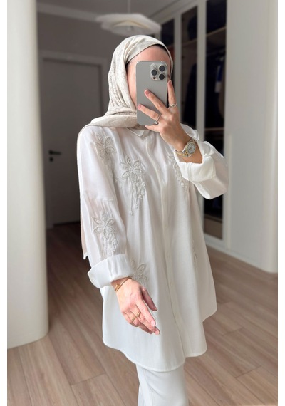 Kahijab Stella Boncuk İşlemeli Gömlek - Beyaz