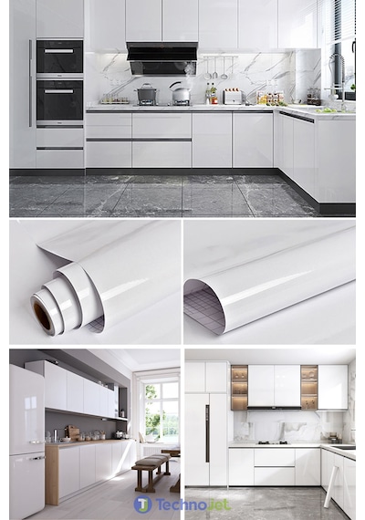 Technojet Kendinden Yapışkanlı Parlak Simli Beyaz  Mutfak Banyo Tezgah Masa Kaplama (60cmx300cm)