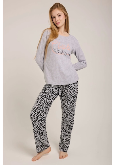 Gri Zebra Club Baskılı Kadın Pijama Takımı Gri