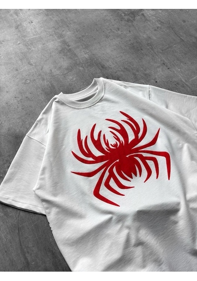 Erkek Örümcek Baskılı Tişört Kısa Kollu Bisiklet Yaka T-shirt - Beyaz Çok Renkli