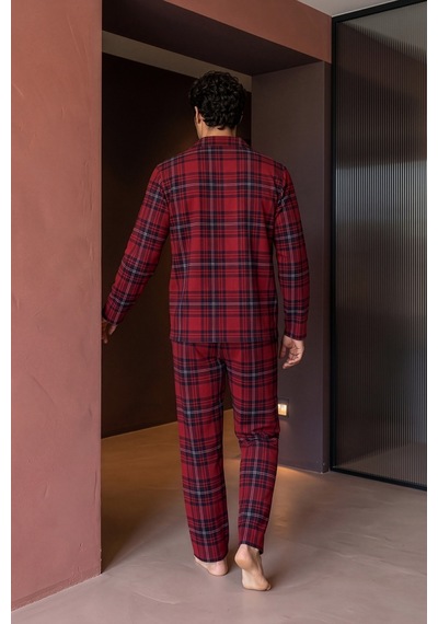 Nisanca Exclusive Erkek Süet Ekose Gömlek Yaka Pijama Takımı - Retro Erkek Pijama Bordo