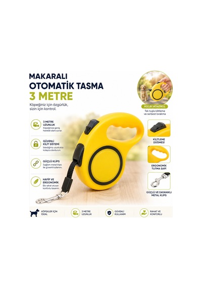 Makaralı Otomatik Köpek Gezdirme Tasması 3 Metre Sarı Kilitlemeli Ergonomik Çok Renkli