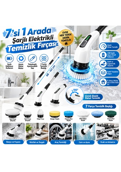 7'si 1 Arada Şarjlı Kablosuz Elektrikli Döner Temizlik Fırçası Seti Teleskopik Saplı