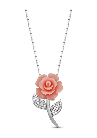Pigado 925 Ayar Gümüş Zirkon Taşlı Rose Gül Kolye Gümüş