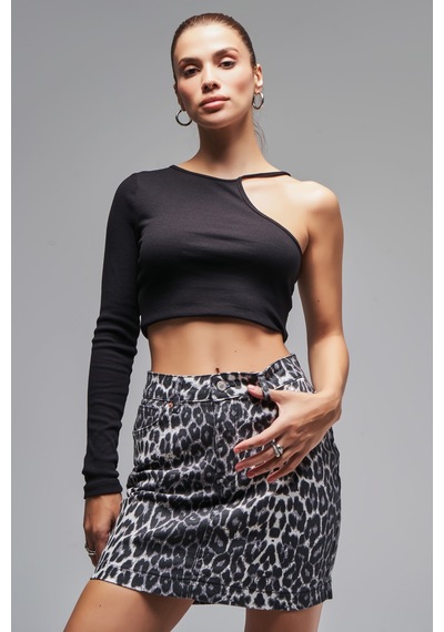 Kadın Siyah Beyaz Leopar Renk Mini Denim Etek Leopar Siyah Beyaz W426