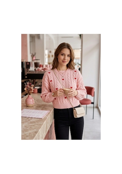 Sayzen Your Shine Kalp Nakış Detaylı Saç Örgülü Crop Kadın Kazak Pembe