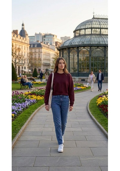 Luxıc Core Kadın Crop Bisiklet Yaka Sweatshirt Pamuklu Yumuşak Dokulu Günlük Spor Sweatshirt Bordo
