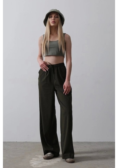 Defymoda Beli Lastikli Bol Paça Pantolon - Koyu Haki Koyu Haki