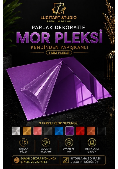 10 Adet 1mm Dekoratif Kare Mor Pleksi - 10x10, 15x15, 20x20, 25x25, 30x30, 35x35, 40x40 Cm Kendinden Yapışkanlı Duvar Dekorasyonu Ürünü Pleksi Ayna Beklentisiyle Almayınız
