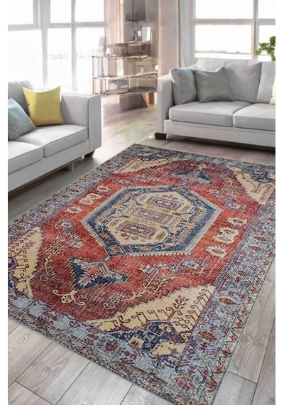 Çam Halı Anatolia 32-032 Etnik Eskitme Desenli Dokuma Tabanlı Yıkanabilir Şönil Salon Ve Oda Halısı Multi 4