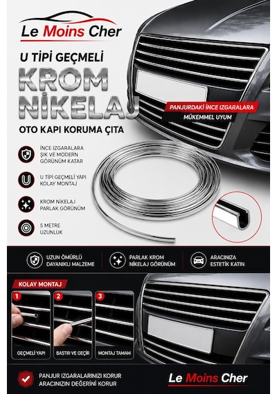 Jaguar F-pace Prestige Krom U Tipi Geçmeli 5 Metre Oto Kapı Kenar Koruyucu Fitil