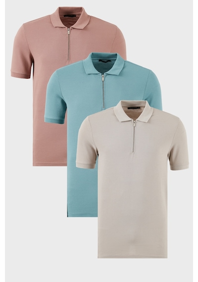 Buratti Pamuklu Regular Fit Yarım Fermuarlı 3'Lü Paket Erkek Polo Yaka T Shirt 5902915S3 Pudra-Gri-Mavi