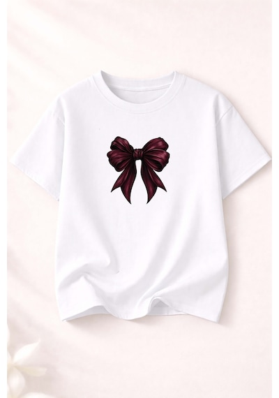Herkesemoda Kurdele Baskı Baskılı Kadın Bisiklet Yaka Pamuklu T-shirt Beyaz