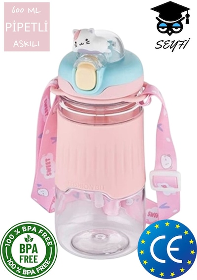 Pipetli 600 Ml Boyun Askılı Kaydırmaz Gövde Hayvan Figürlü Su Matarası Vagonlife 2023 Pembe