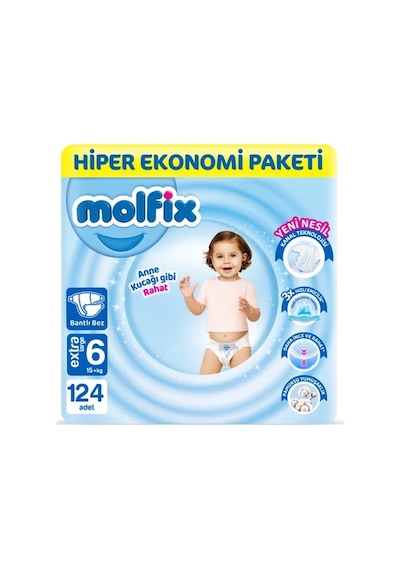 Molfix Bebek Bezi 6 Beden E.large Hiper Ekonomi Paketi 124Adet