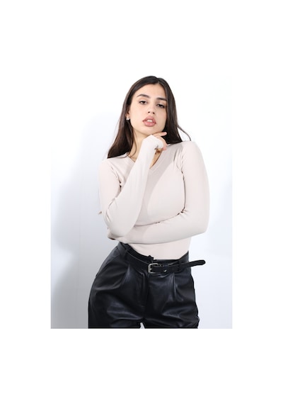 Alya Underwear Pamuklu Kaşkorse V Yaka Body Sweatshirt, Fitilli Kumaş Likralı Bluz, Asker Yeşili Badi Bej Kemik