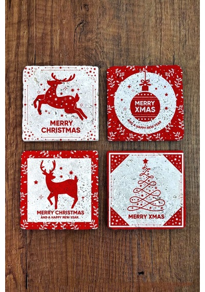 Doğal Taş Bardak Altlığı 4'lü Set 10x10x1 Cm Yeni Yıl, Yılbaşı, Merry Christimas-stone Coasters Çok Renkli