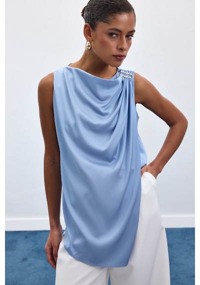 Sateen Aksesuar Detaylı Kolsuz Bluz - Bebe Mavi-136915 Bebe Mavi