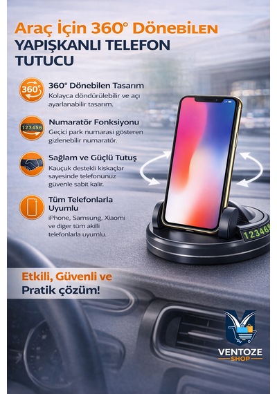 Numaratörlü Araç İçi Telefon Tutucu 360 Derece Döner Torpido Üstü Telefon Standı Hediyeli SİYAH,GRİ