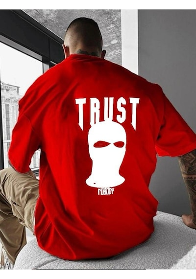 Trust Baskılı Oversize Tişört Kirmizi