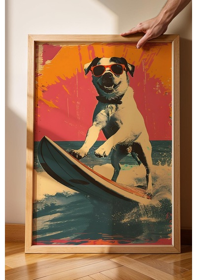 Sörf Yapan Köpek Çerçeveli Tablo - Pop Art Poster Tablo